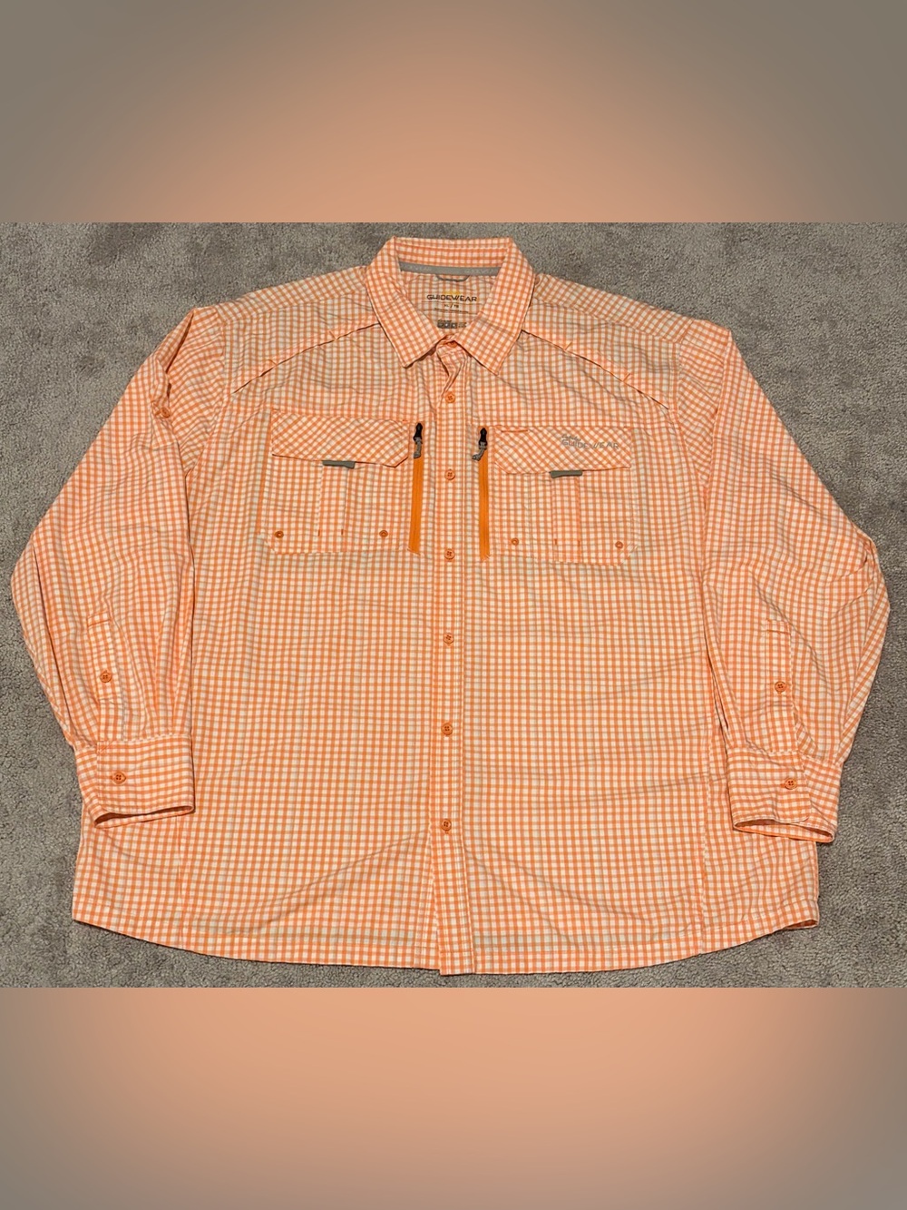 Cabelas Guidewear Gingham Fishing Shirt Men’s Size XL Orange Vented Button Down